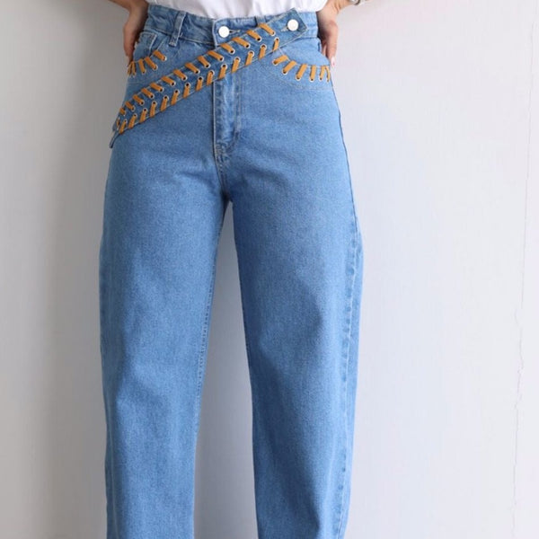 Denim Pants with Cross Lace